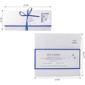 Katlamalı Pencereli Mavi Kurdeleli Düğün Davetiyesi