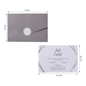 Gri Zarflı Etiketli Sade Düğün Davetiyesi
