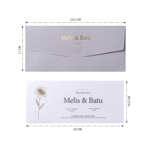 Gri Zarfa Yaldız Baskılı Yaldızlı Çiçekli Düğün Davetiyesi