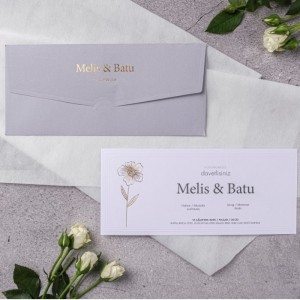 Gri Zarfa Yaldız Baskılı Yaldızlı Çiçekli Düğün Davetiyesi