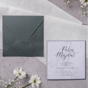 Gri Zarflı Sade Düğün Davetiyesi