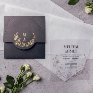 Siyah Özel Kesim Zarflı Asetatlı Düğün Davetiyesi