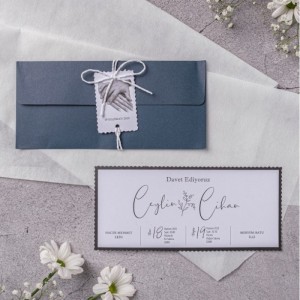 Gri Kapaklı Zarflı İpli Etiketli Düğün Davetiyesi
