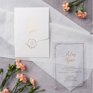 Krem Geçmeli Yaldız Süslemeli Asetat Davetiye