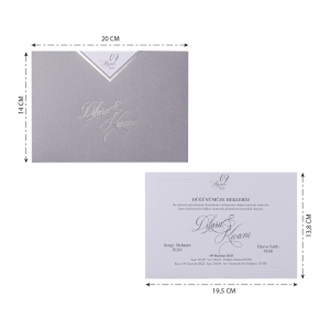 Gri V Kesim Zarflı Yaldız Süelemeli Düğün Davetiyesi