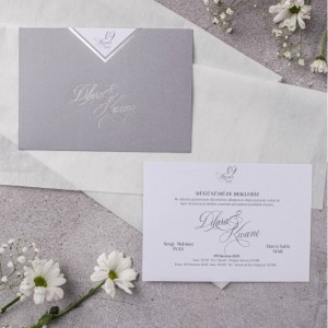 Gri V Kesim Zarflı Yaldız Süelemeli Düğün Davetiyesi