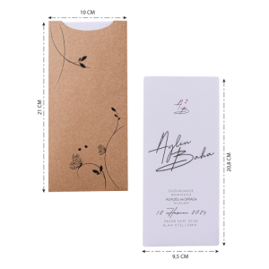 Kraft Zarfa Siyah Çiçek Desenli Düğün Davetiyesi