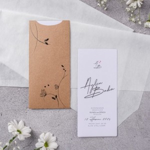 Kraft Zarfa Siyah Çiçek Desenli Düğün Davetiyesi
