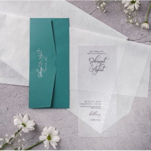 İçi Asetat Zarfı Yatay Yeşil Düğün Davetiyesi
