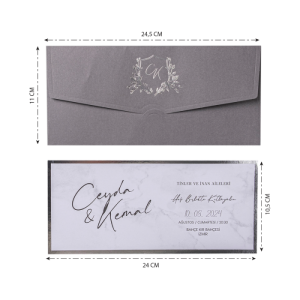 Yatay Gri Zarfa Yaldız Baskılı Düğün Davetiyesi