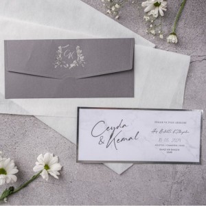 Yatay Gri Zarfa Yaldız Baskılı Düğün Davetiyesi