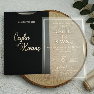 Siyah Zarflı İçi Yaldızlı Asetat Davetiye