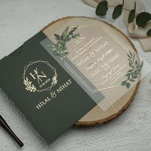 Yeşil Zarflı Yaldız Süslü Asetat Davetiye