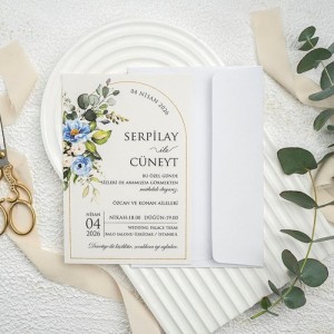 Mavi Çiçekli Beyaz Zarflı Davetiye