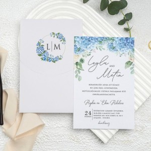 İçi Zarfı Mavi Çiçekli Davetiye