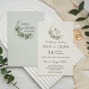 Açık Yeşil Çiçekli Zarflı Davetiye