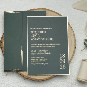 Koyu Yeşil Yaldız Süslemeli Davetiye