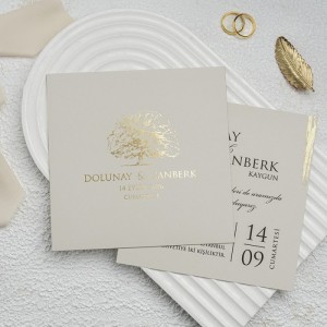 Kare Altın Yaldız Ağaçlı Davetiye