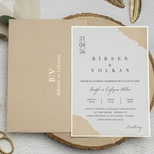 Pudra Rengi Zarflı Şık Davetiye