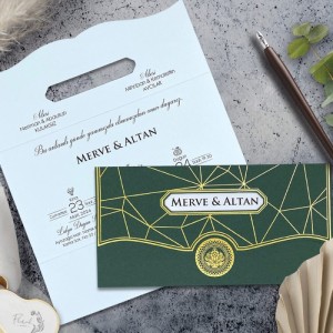 Yeşil Zarflı Yaldız Süslemeli Davetiye
