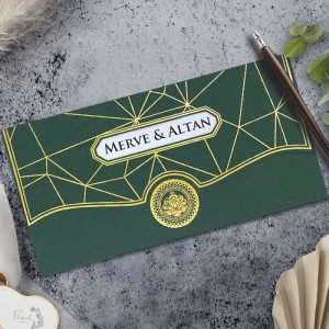Yeşil Zarflı Yaldız Süslemeli Davetiye