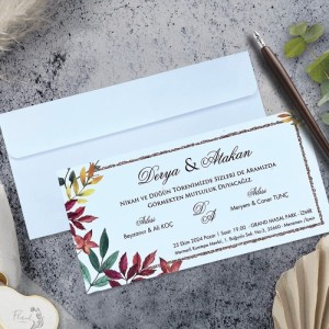 Yatay Beyaz Zarflı Çiçekli Davetiye