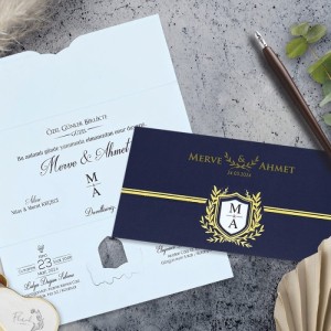 Lacivert Altın Yaldız Süslemeli Davetiye