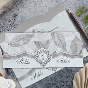 Gri Yaprak Desenli Katlamalı Davetiye