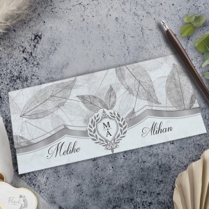 Gri Yaprak Desenli Katlamalı Davetiye