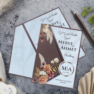 Yapraklı Tasarımlı Katlamalı Davetiye