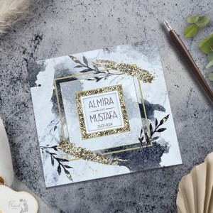 Yaldız Süslemeli Yapraklı Kare Davetiye