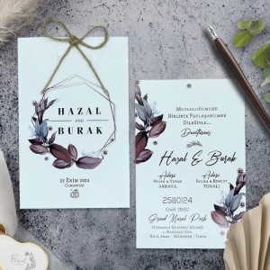 İpli Yapraklı Tasarımlı İkili Davetiye
