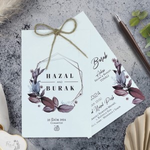 İpli Yapraklı Tasarımlı İkili Davetiye