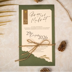 Dışı Yeşil İçi Krem İpli Davetiye