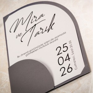 Gri Oval Kesim Zarflı Modern Davetiye