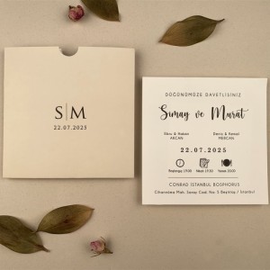 Kare Bej Rengi Zarflı Davetiye