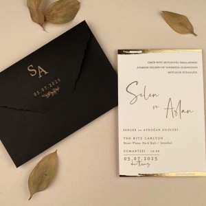 İçi Yaldızlı Siyah Zarflı Davetiye