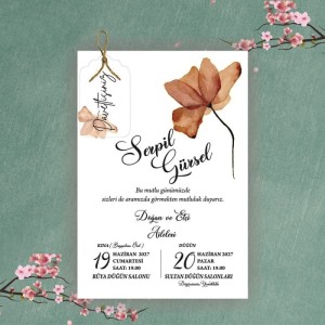 Tek Çiçekli Sade Tek Kartlı Düğün Davetiyesi