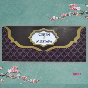 Siyah Zemine Altın Rengi Süslemeli Düğün Davetiyesi