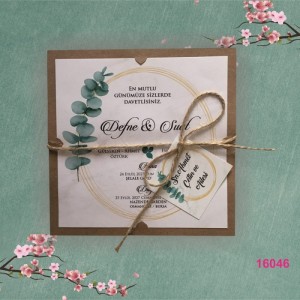 Okaliptus Yapraklı İpli Etiketli Düğün Davetiyesi