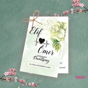 Çiçekli Kalpli İkili Zarfsız İpli Düğün Davetiyesi