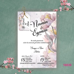 Tek Katmanlı Çiçekli İpli Etiketli Düğün Davetiyesi