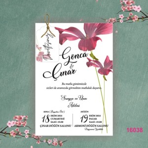 Kırmızı Çiçekli İpli Etiketli Tek Kart Davetiye