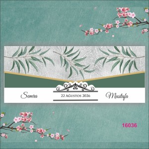 Gri Zemine Yeşil Yaprak Desenli Katlamalı Davetiye