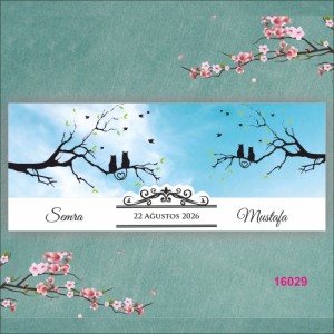 Mavi Zemine Dalda Kuş Tasarımlı Düğün Davetiyesi