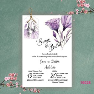 Mor Çiçekli İpli Etiketli Düğün Davetiyesi