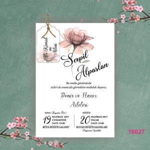 Pembe Çiçekli İpli Etiketli Düğün Davetiyesi