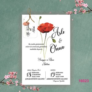 Tek Kart Kırmızı Güllü İpli Düğün Davetiyesi
