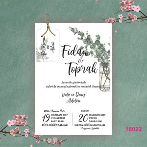 Kavanozda Yapraklı Tek Kart İpli Düğün Davetiyesi