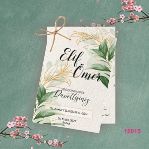 İkili Yapraklı Tasarımlı İpli Düğün Davetiyesi